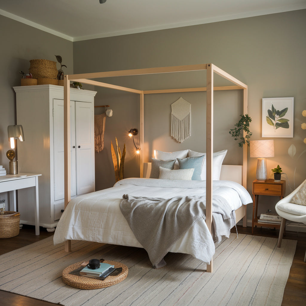 A cozy bedroom with a canopy bed in the center. The bed is adorned with white linens, pillows, and a gray throw blanket. To the left of the bed, there's a white armoire with decorative items on top. Above the bed, there are hanging macramé decorations