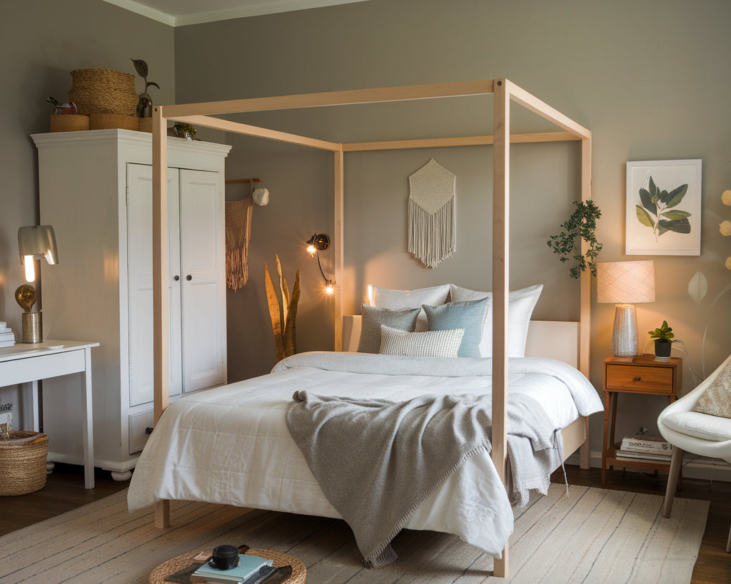 A cozy bedroom with a canopy bed in the center. The bed is adorned with white linens, pillows, and a gray throw blanket. To the left of the bed, there's a white armoire with decorative items on top. Above the bed, there are hanging macramé decorations