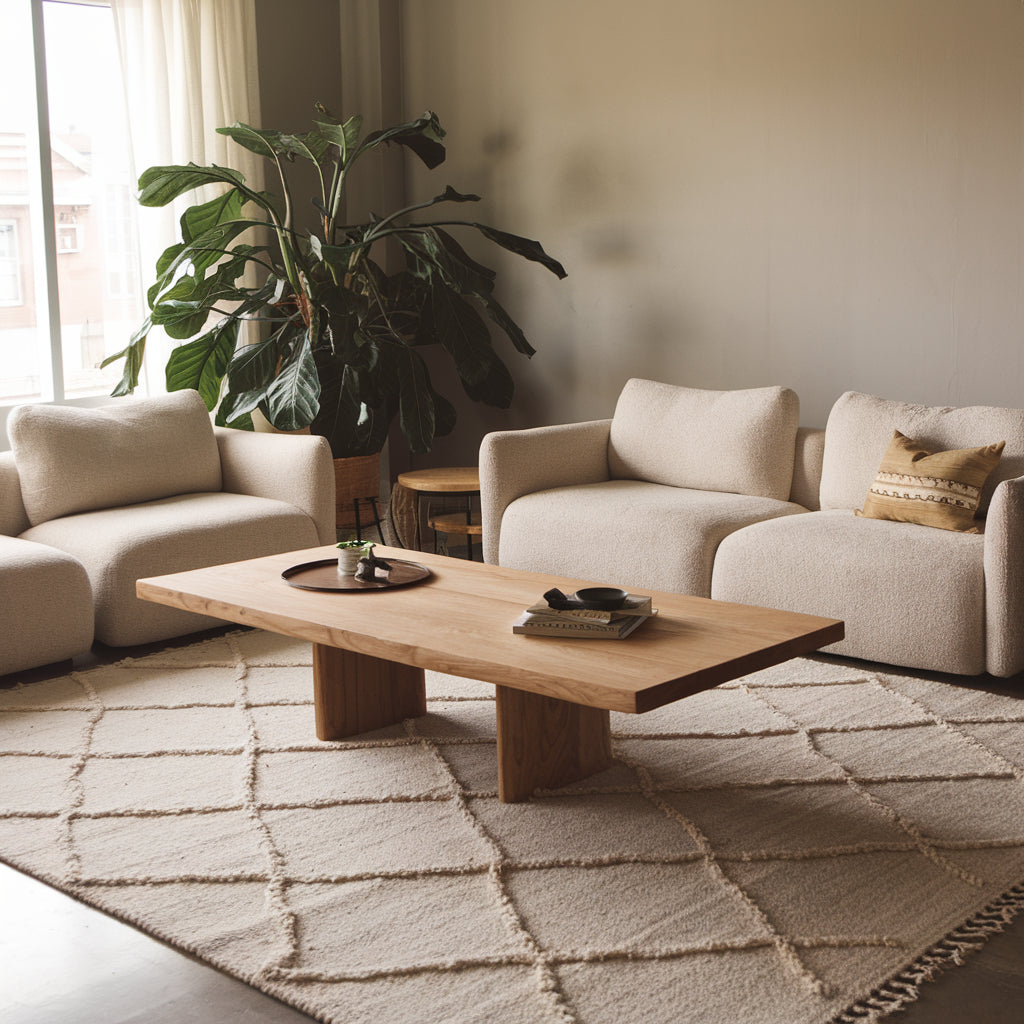 A photo of a living room with a modern design. There is a large, beige sofa with a few pillows and a wooden coffee table in the middle of the room. A large plant is placed near the window. 