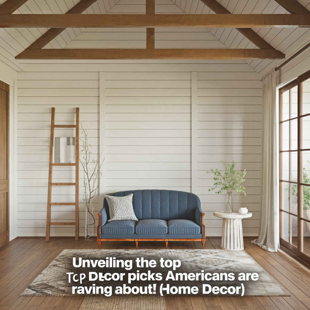 The image is a farmhouse-style room with a wooden beam ceiling, white walls, and a wooden floor. There is a blue couch with a patterned throw pillow. A white side table is placed near the couch, holding a green plant. 