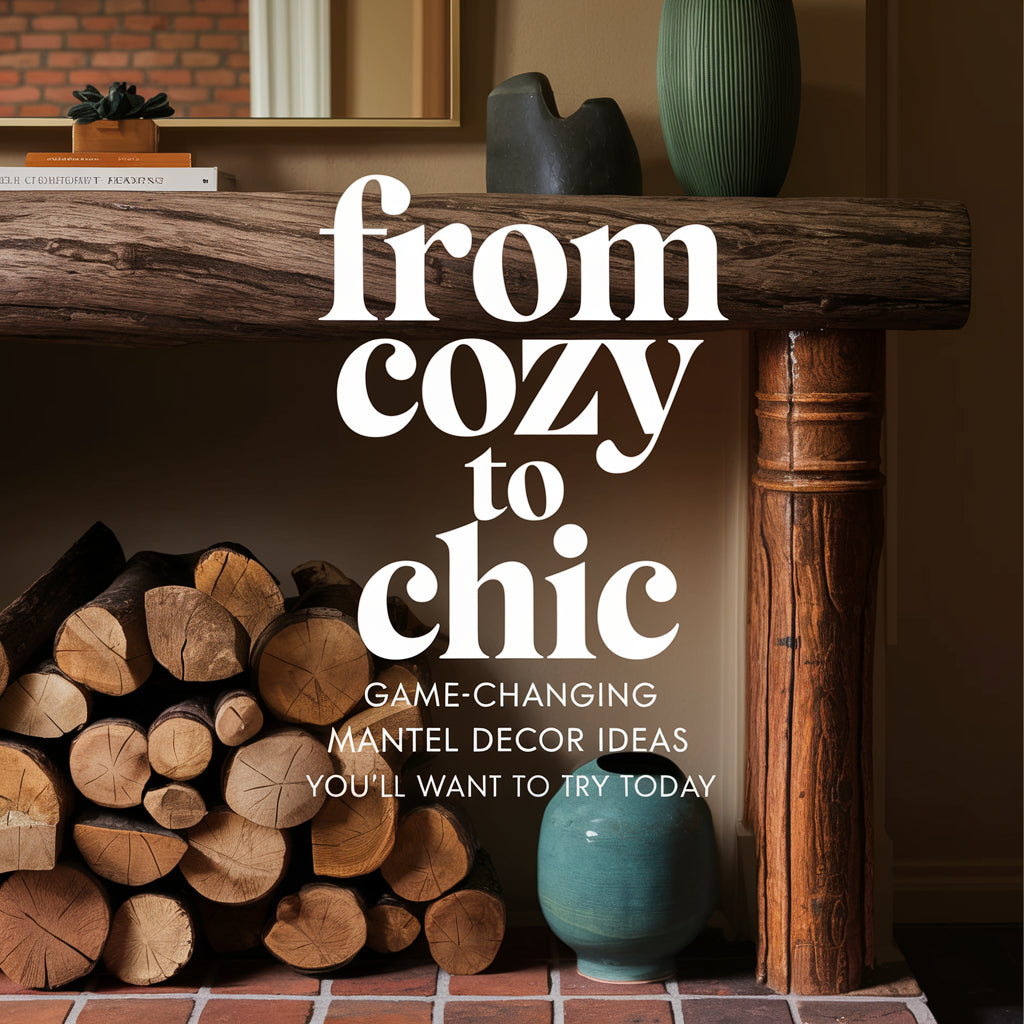 A cozy and chic mantel decor with a rustic log mantel, a green ceramic vase, a stack of firewood, and a few decorative items. The background is a warm and inviting living room with a brick fireplace.