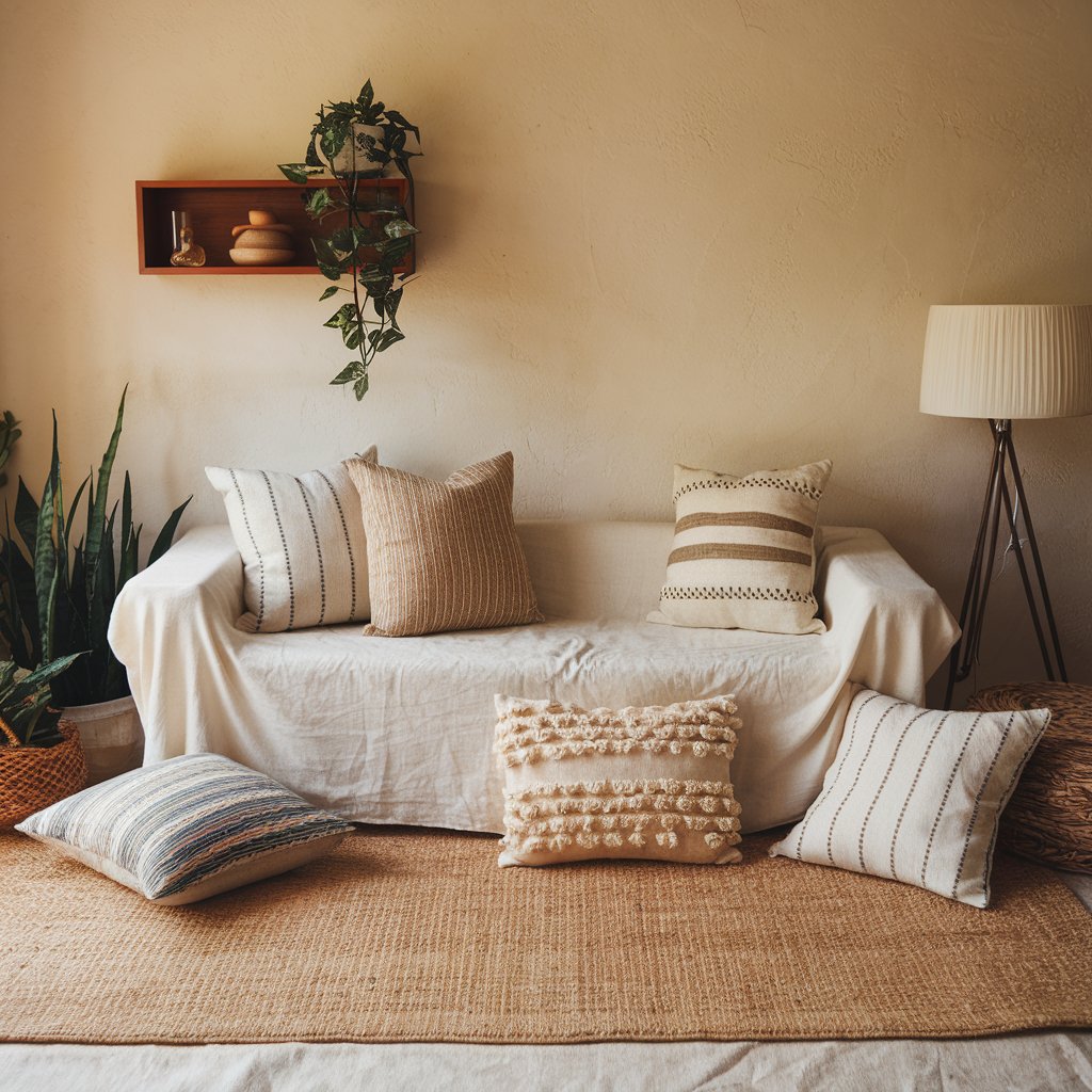 A photo of a home decor setting with a white couch and a beige rug. There are multiple pillows with different patterns on the couch. A lamp and a plant are placed on the floor near the couch. The wall behind the couch has a wooden shelf