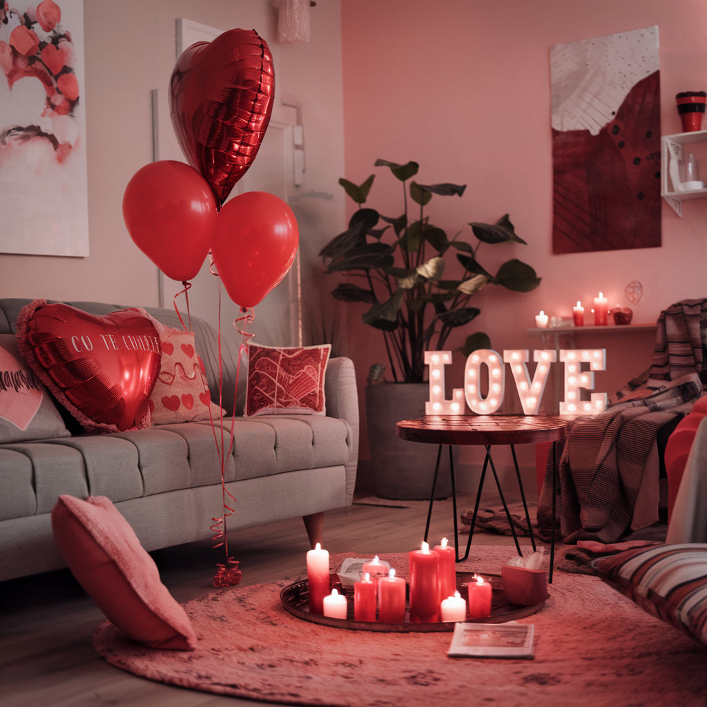 A photo of a cozy living room with a romantic Valentine's Day decor. There are red balloons, a heart-shaped pillow, a love sign, and a candlelit table. The room has a soft pink and red color scheme. 