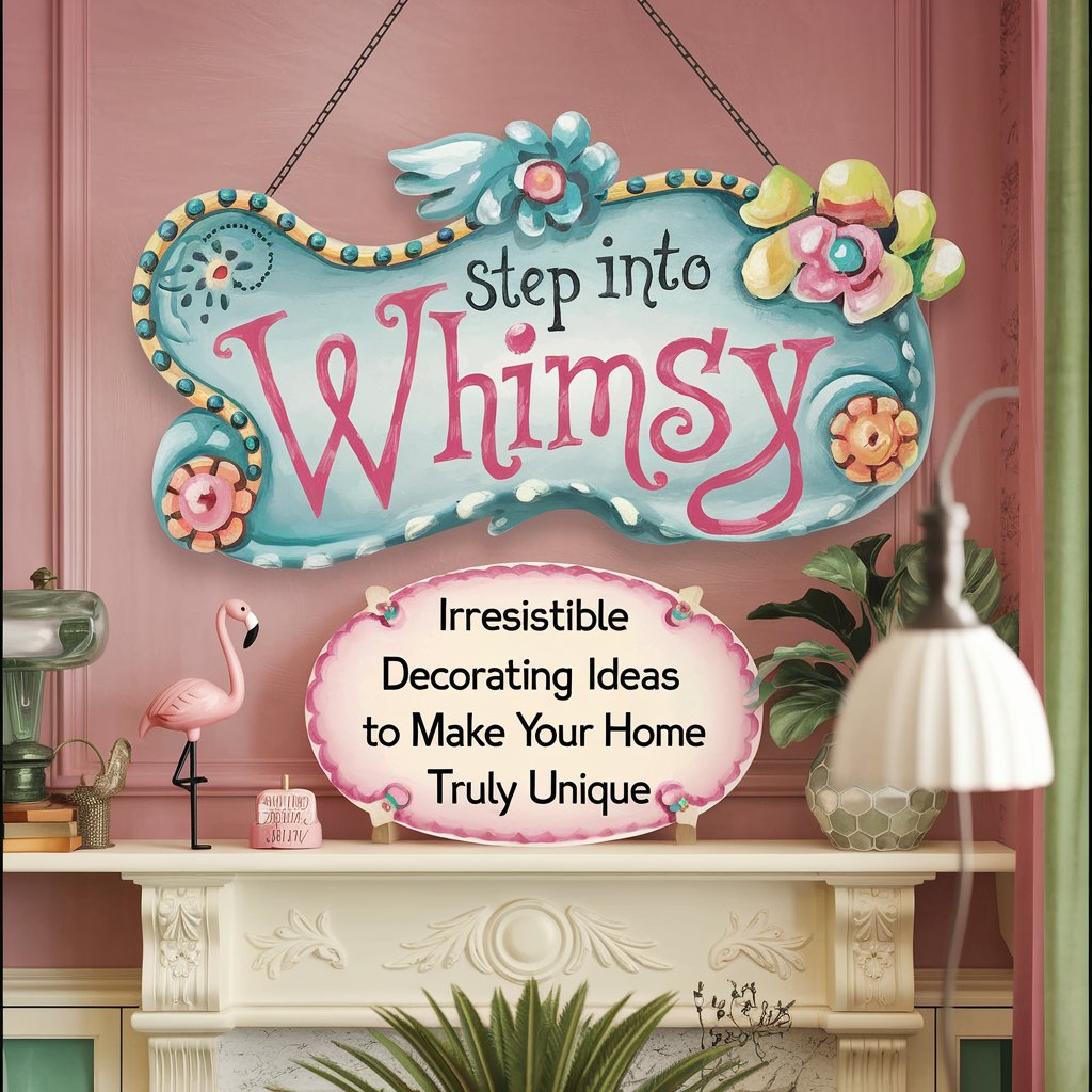 A cover image of a home decor book titled "Step Into Whimsy: Irresistible Decorating Ideas to Make Your Home Truly Unique". There is a whimsical, hand-painted sign with the title of the book. 