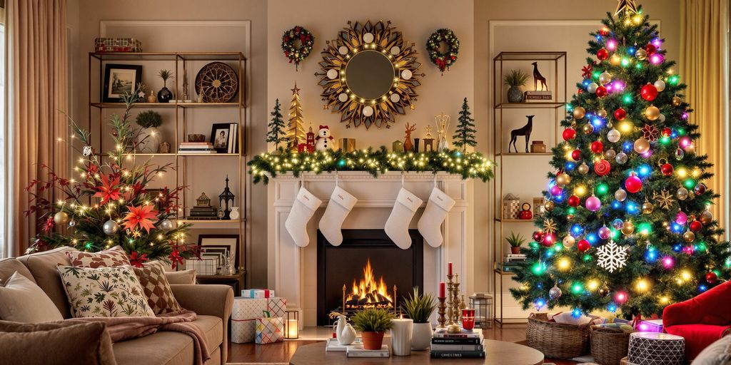 Cozy Christmas living room with festive decorations and tree.