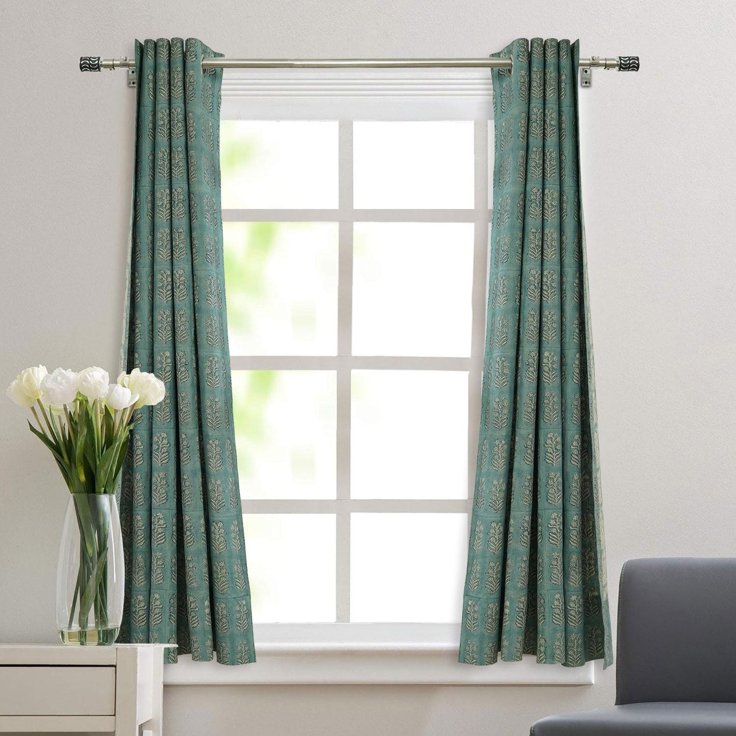 Floral Eyelet Linen Room Curtain - Decorative Pure Linen Fabric Panel - Inderdhanush