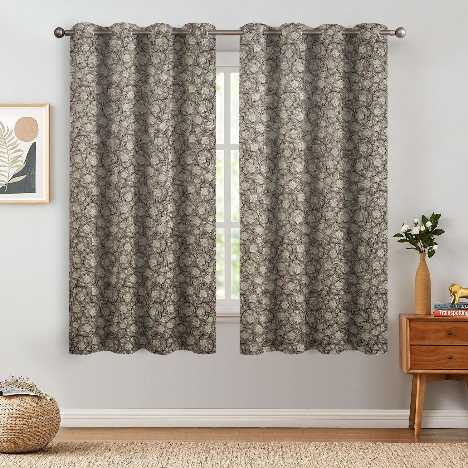 Blackout Floral Linen Grommet Curtain - Hand-Printed Designer Darkening Window Treatment - Amritveela