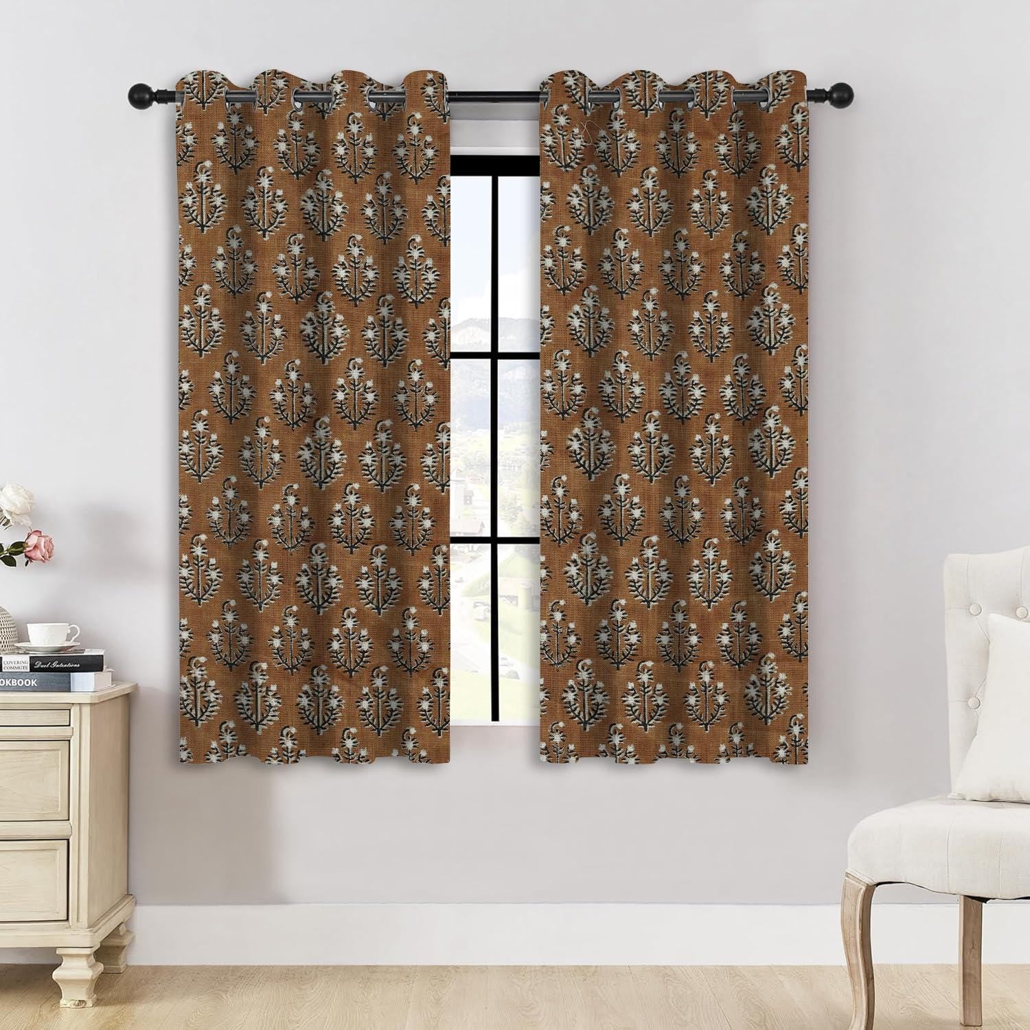 Custom Hand Block Print Linen Blackout Curtains - Thick Grommeted Window Treatment - Neelgagan