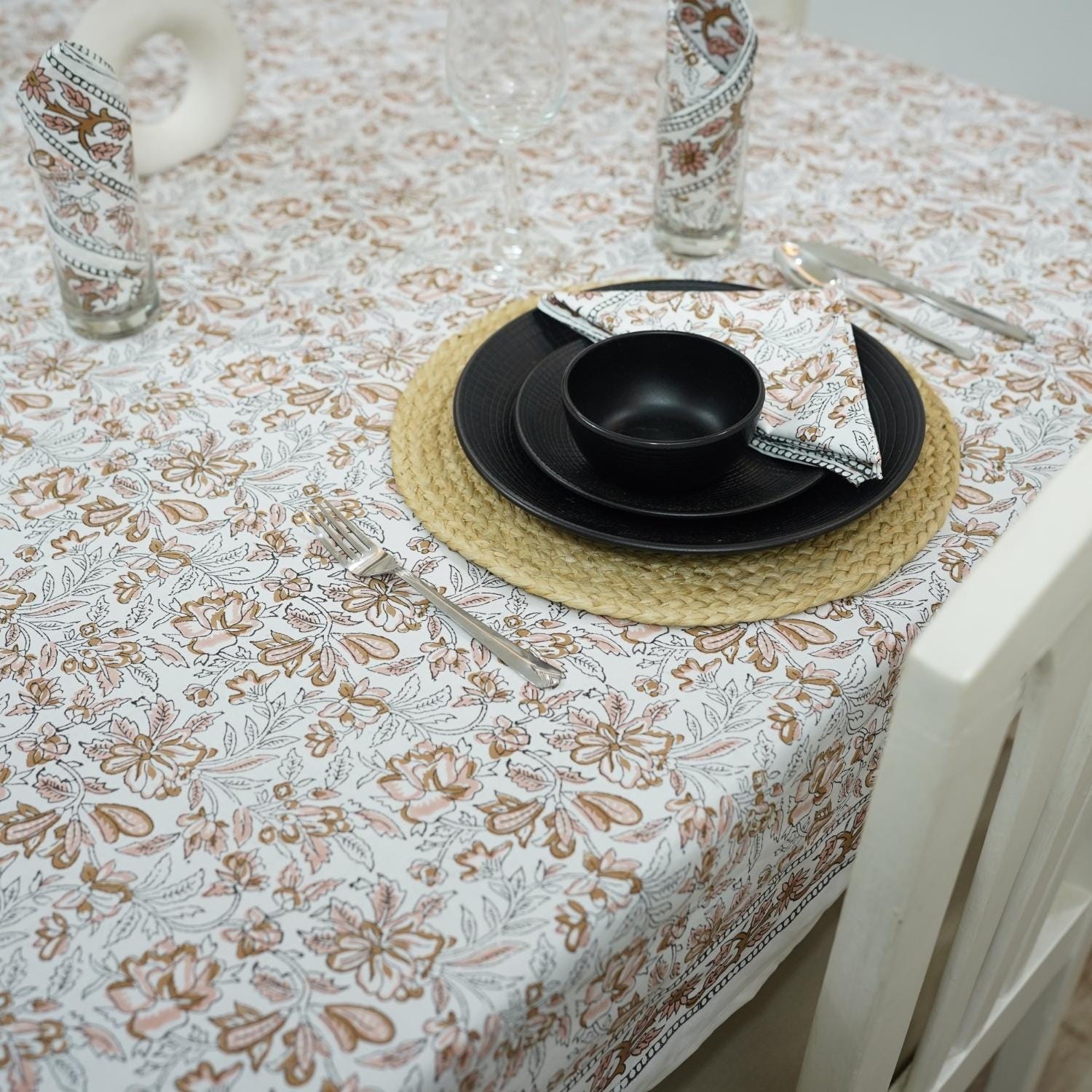 FLORAL PRINTED TABLE DECORATIVE DINING 100% COTTON COVER WITH NAPKINS - QUDRAT