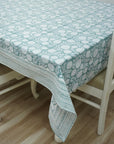 BLOCK PRINTED SKY BLUE BOHO FLORAL COTTON TABLE CLOTH/COVER AND NAPKINS SET - RAJAT