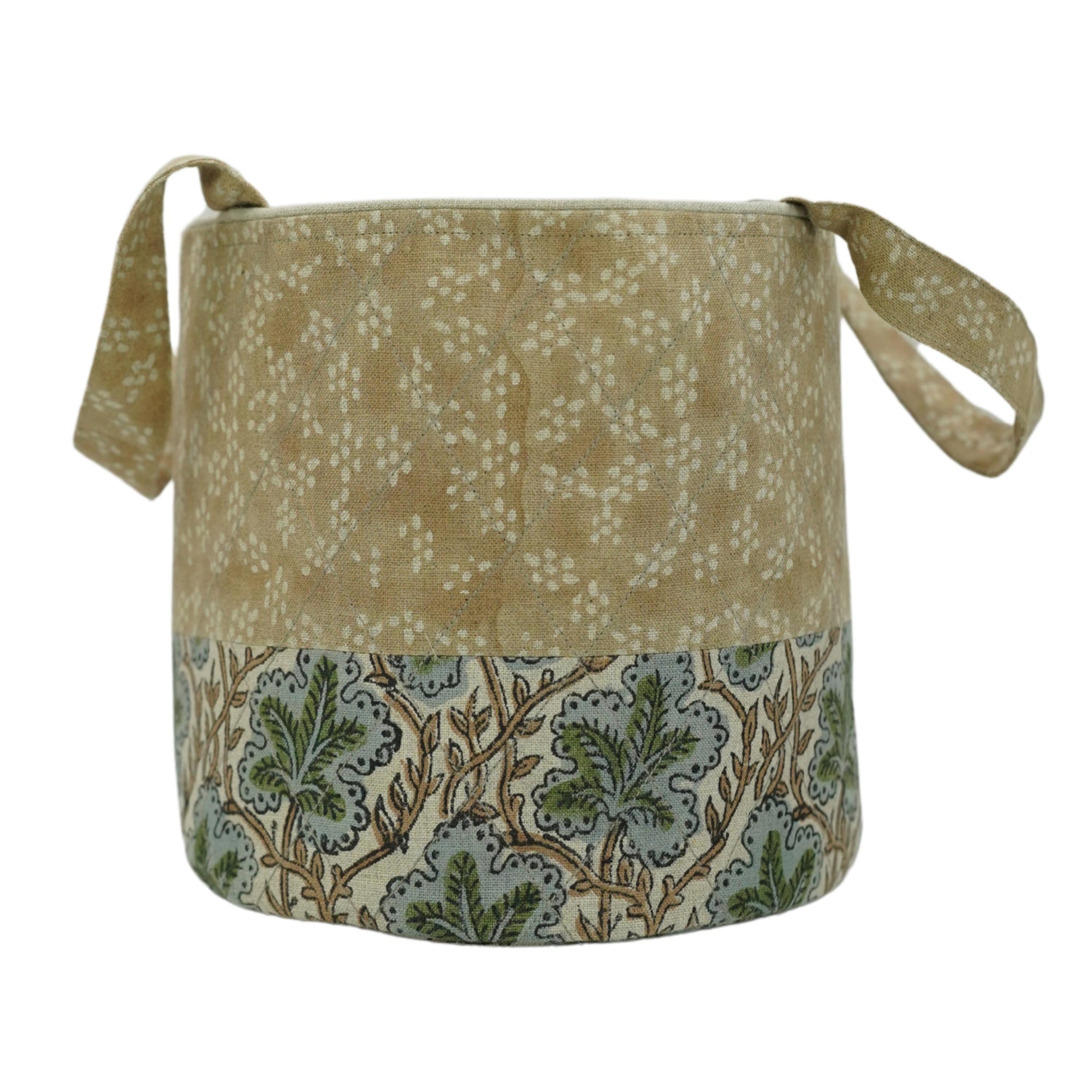 HANDMADE STURDY BASKET SET BEIGE, GRAY &amp; GREEN BLOCK PRINTED LINEN STORAGE BIN - PUSHPSAMHITA