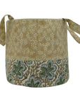 HANDMADE STURDY BASKET SET BEIGE, GRAY & GREEN BLOCK PRINTED LINEN STORAGE BIN - PUSHPSAMHITA