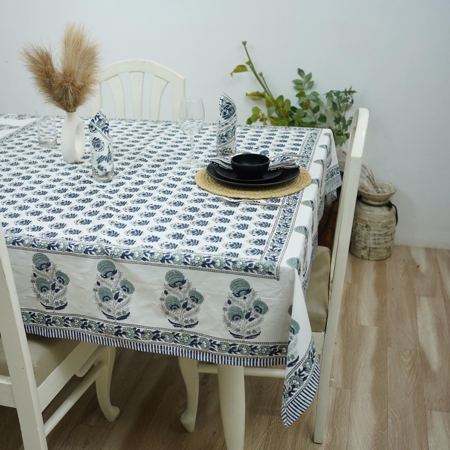 HANDMADE BLOCK PRINTED FLORAL DESIGNER COTTON TABLECLOTH AND NAPKIN - BHISHMA