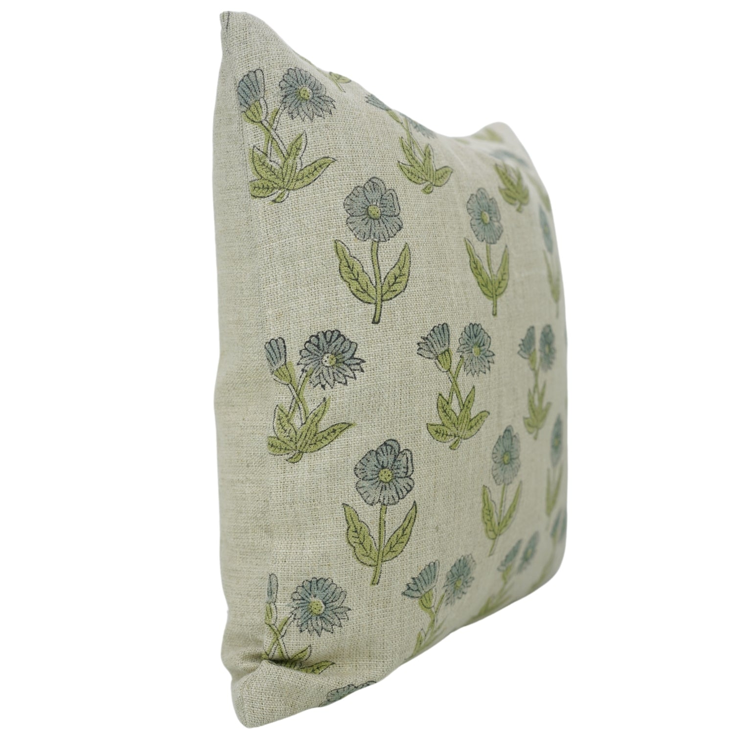 Indian Handblock Printed Floral Cushion Wrap Green Thick Linen - KRITI By Fabdivine