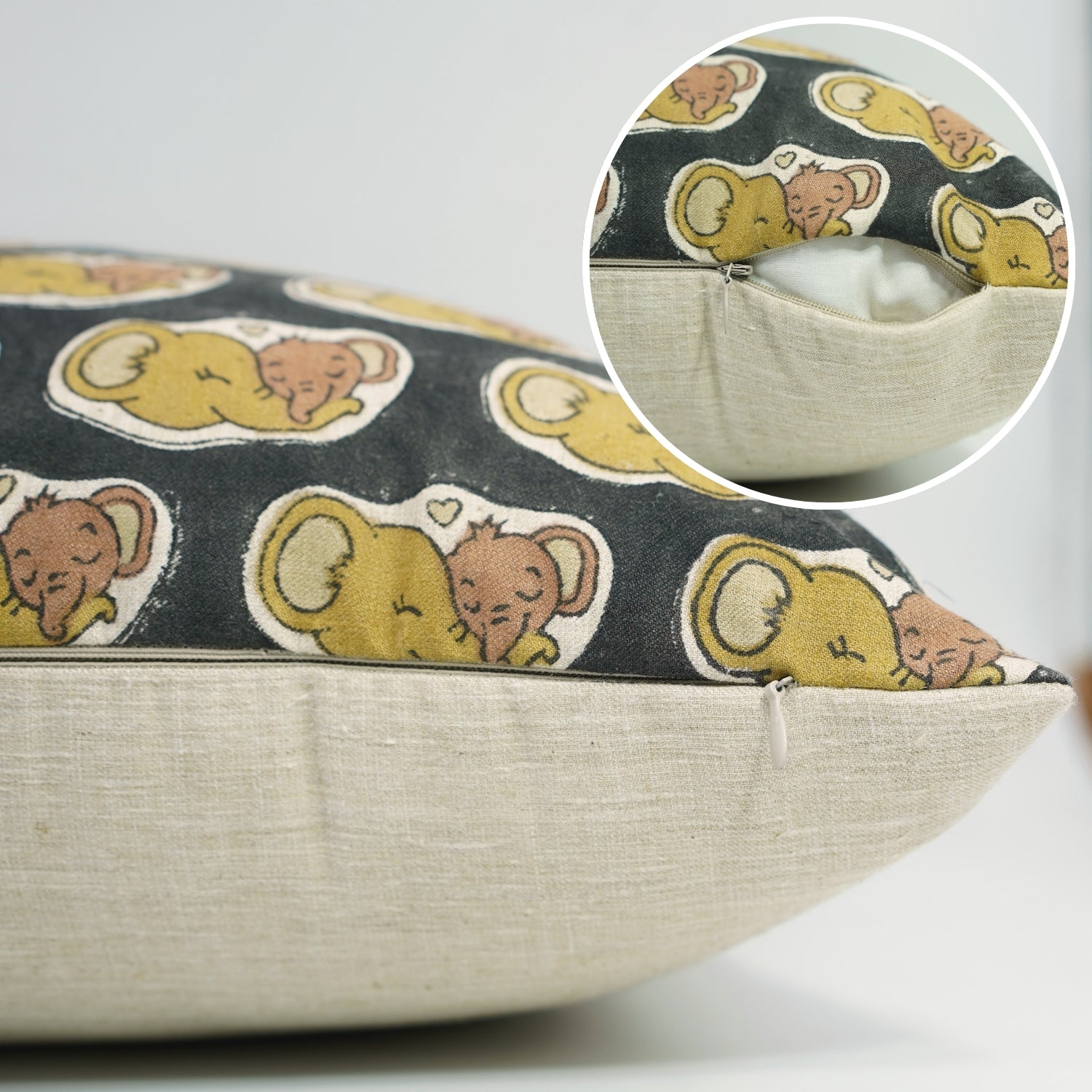 Elephant Handblock Printed Throw Pillow Covers for Couch - Black &amp; Brown