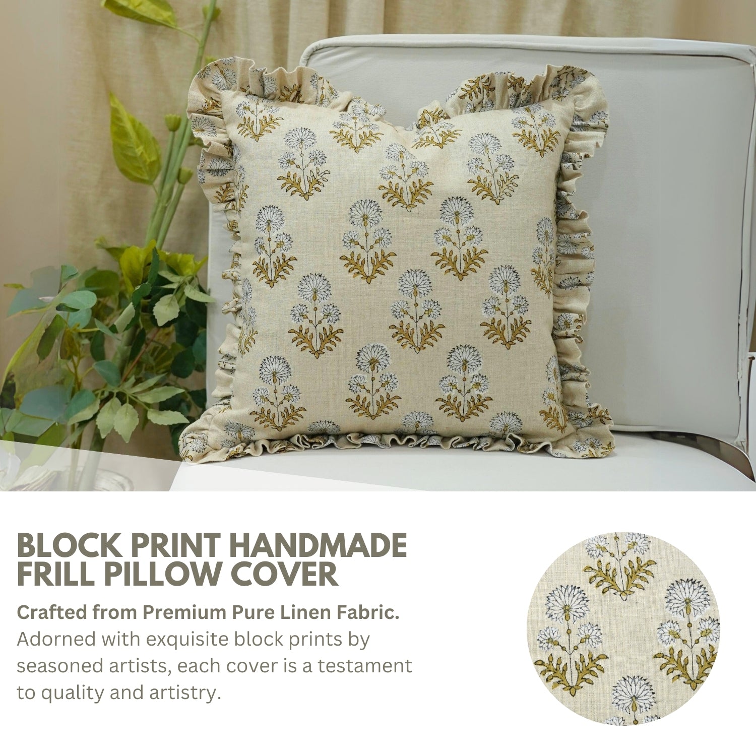 Block Print Pure Linen Frill Pillow Cover-Rishi