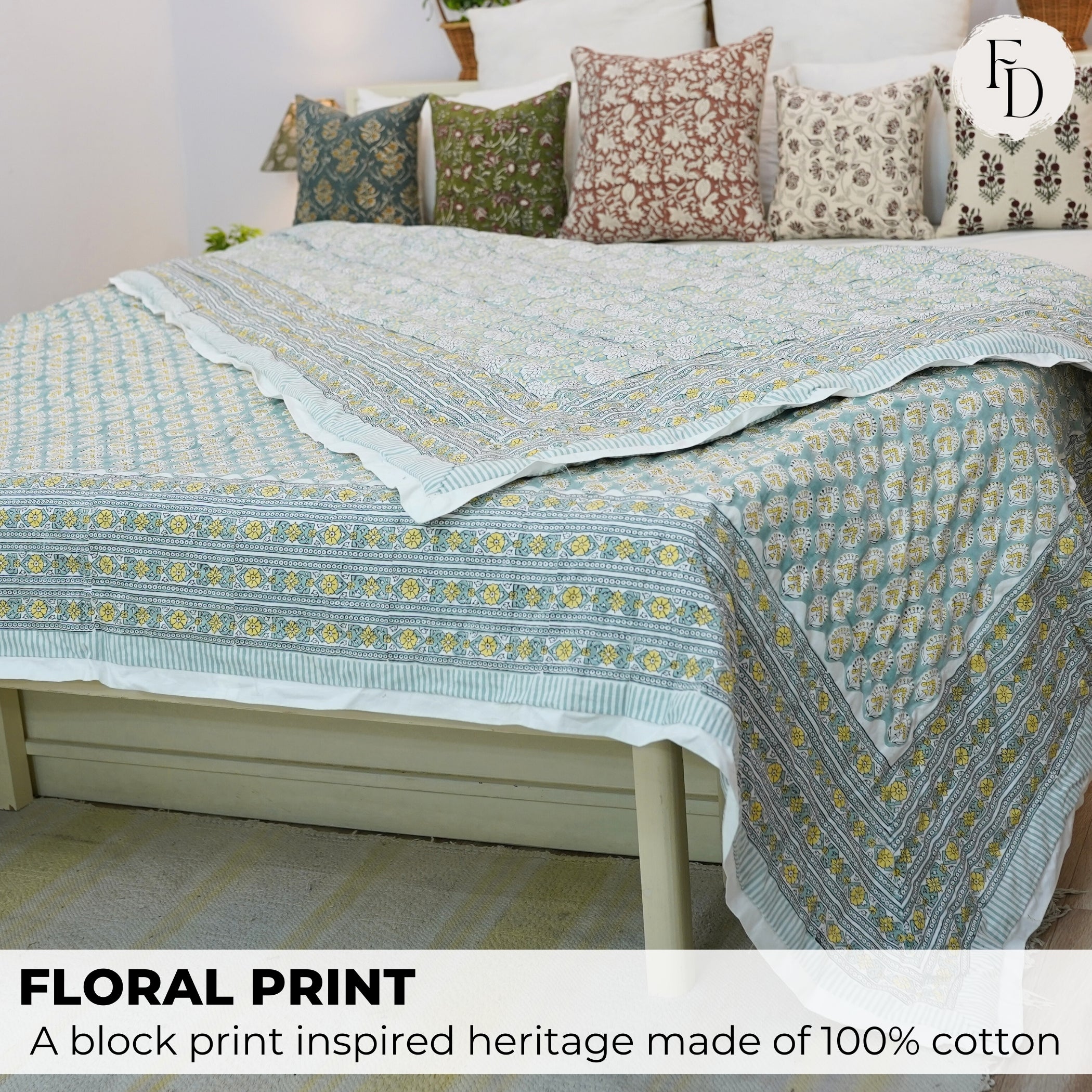 Pure Cotton Hand Block Printed Floral Winter Quilt/Blanket – Soft, Cozy, and Elegant