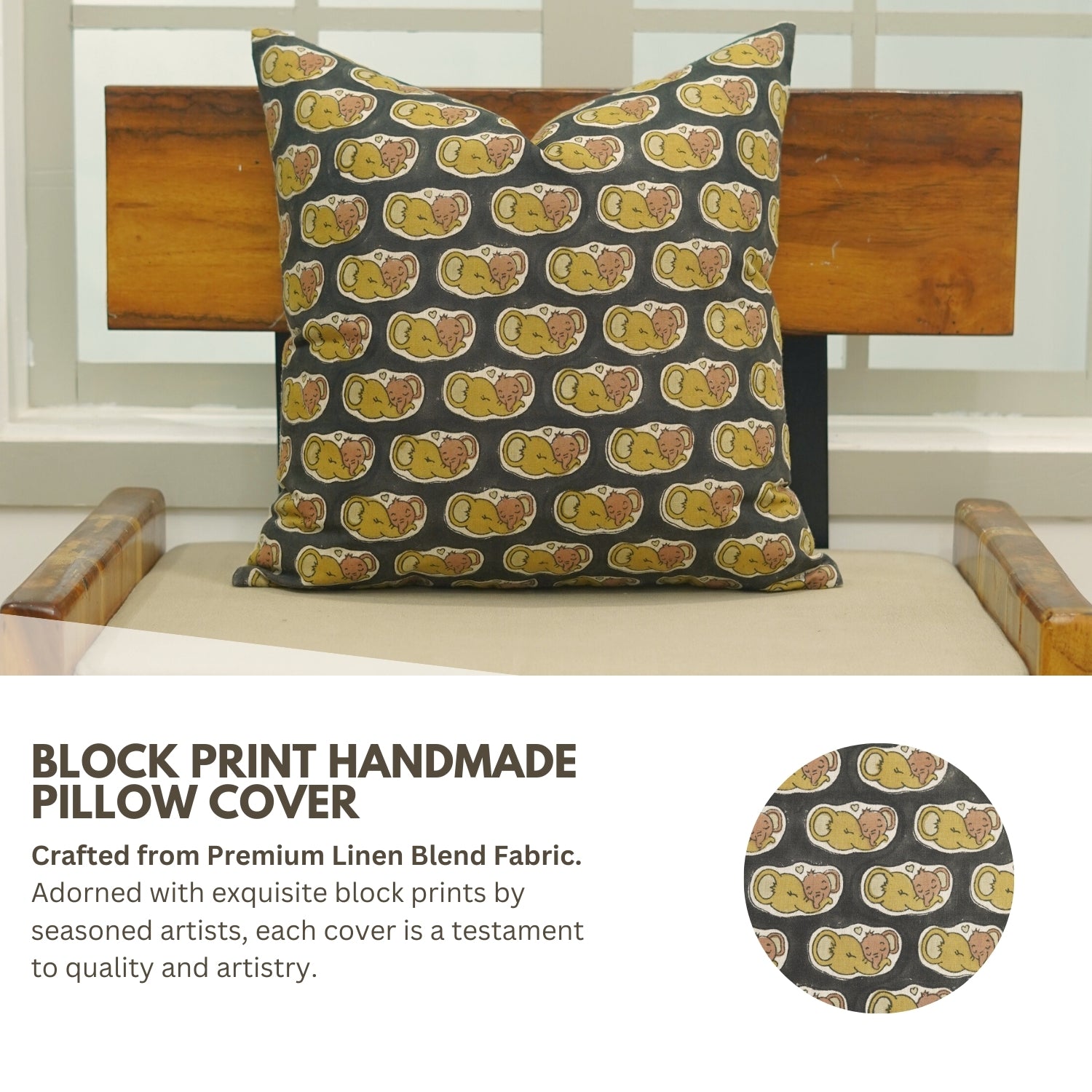 Elephant Handblock Printed Throw Pillow Covers for Couch - Black & Brown