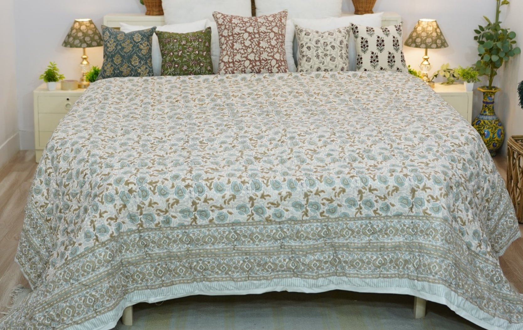 Hand Block Printed Floral Cotton Winter Quilt/Blanket – Soft, Cozy, and Warm