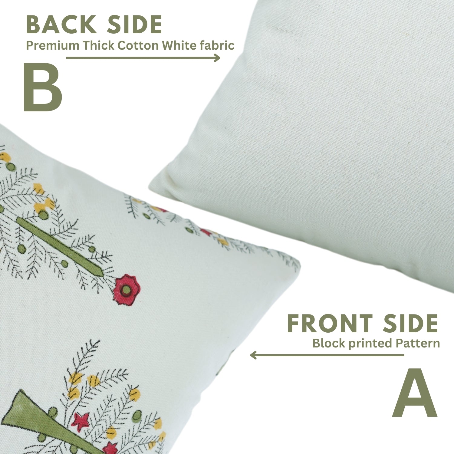 Hand Block Printed Farmhouse Thick White Cotton Pillow Cover – ChristmasTree Green By Fabdivine.