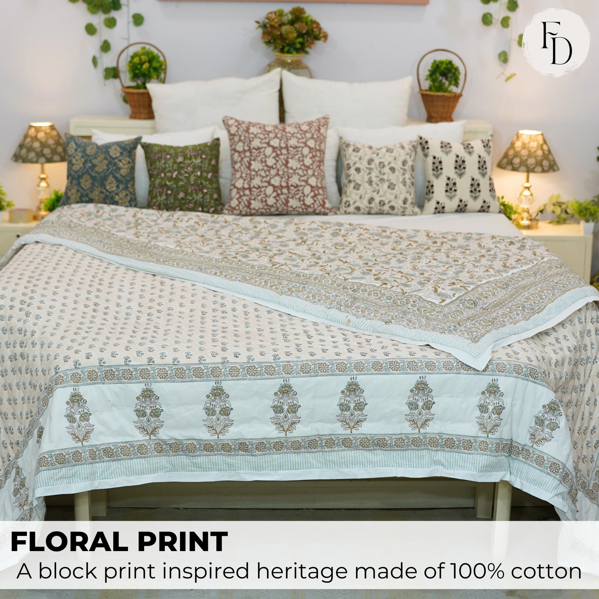 Hand Block Printed Floral Cotton Winter Quilt/Blanket – Soft, Cozy, and Warm