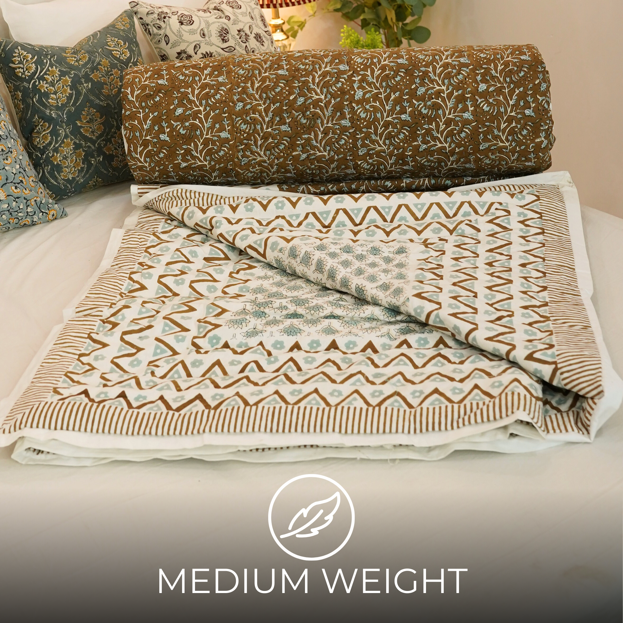 Brown And Gray Soft Cotton Quilts & Blankets – Medium weight & Block Printed