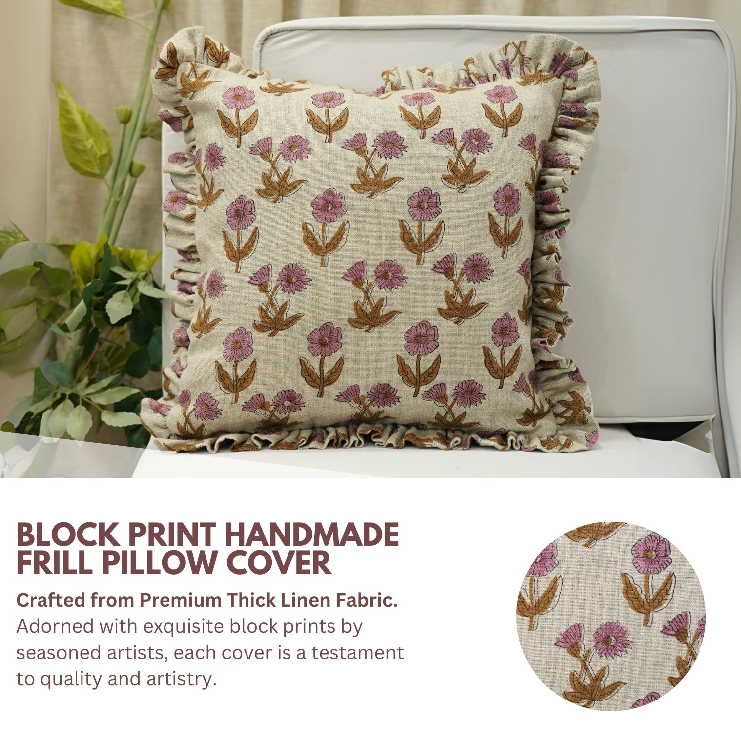 Block Print Thick Linen Frill Pillow Cover-Kirti