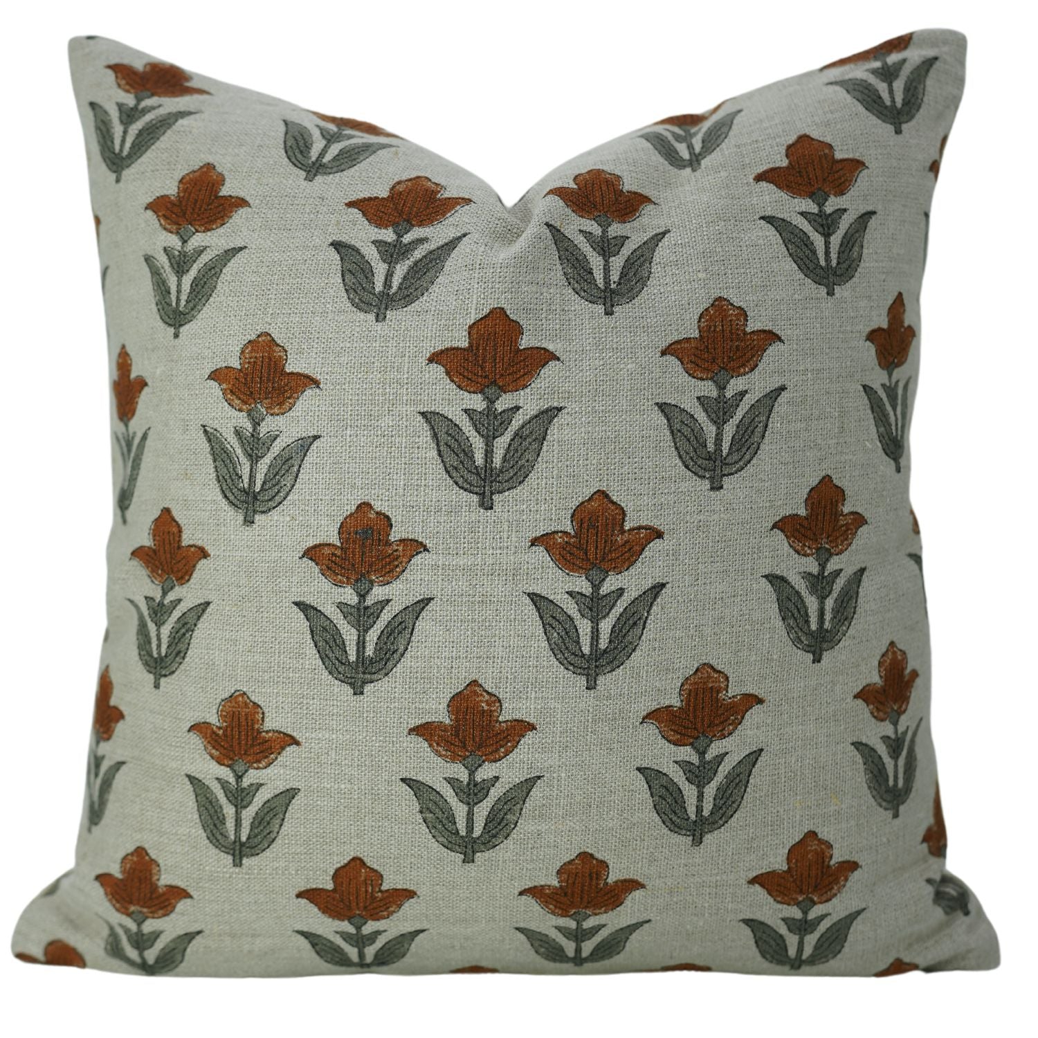 Block Printed Farmhouse and Living Room Thick Linen Pillow Cover - Tulip