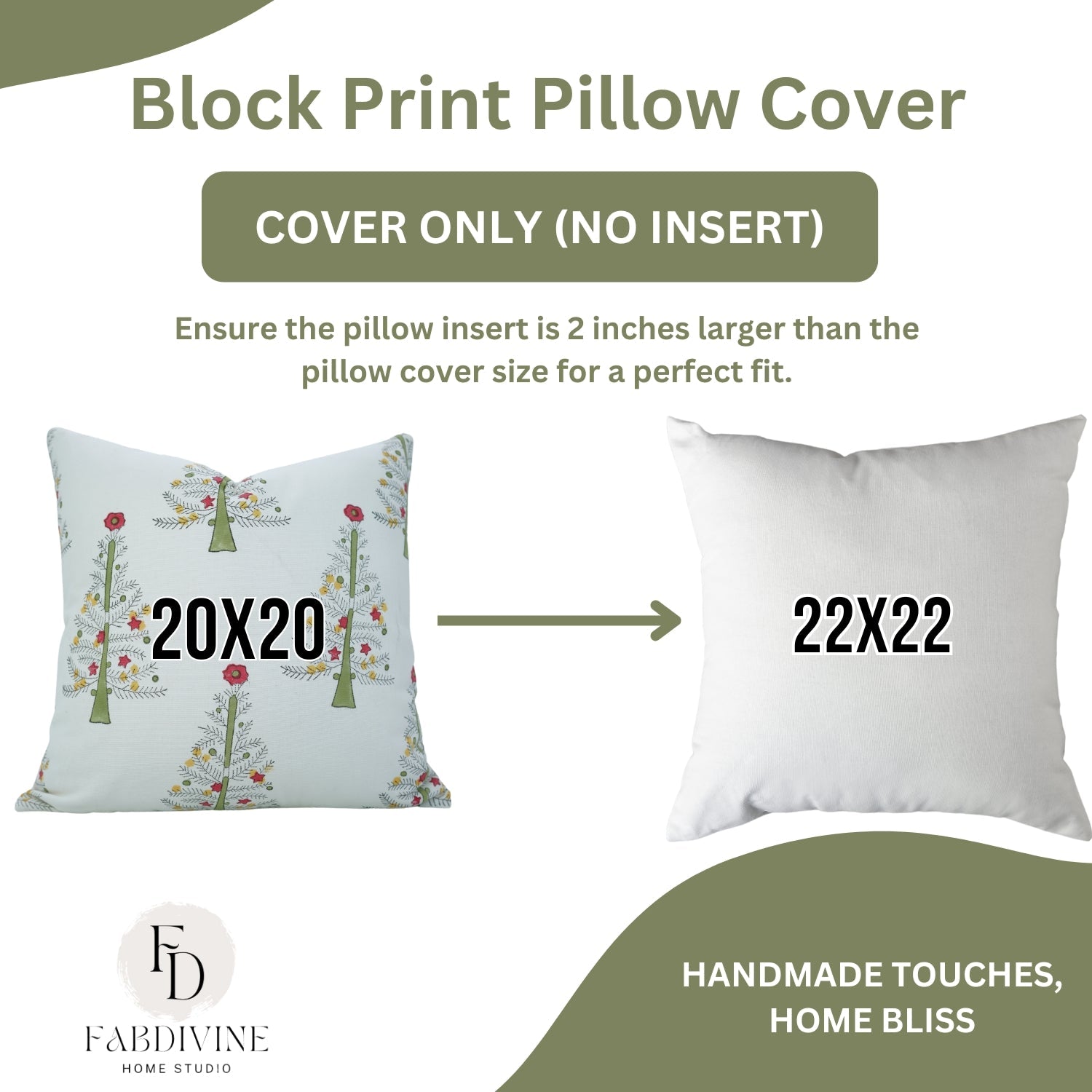 Hand Block Printed Farmhouse Thick White Cotton Pillow Cover – ChristmasTree Green By Fabdivine.