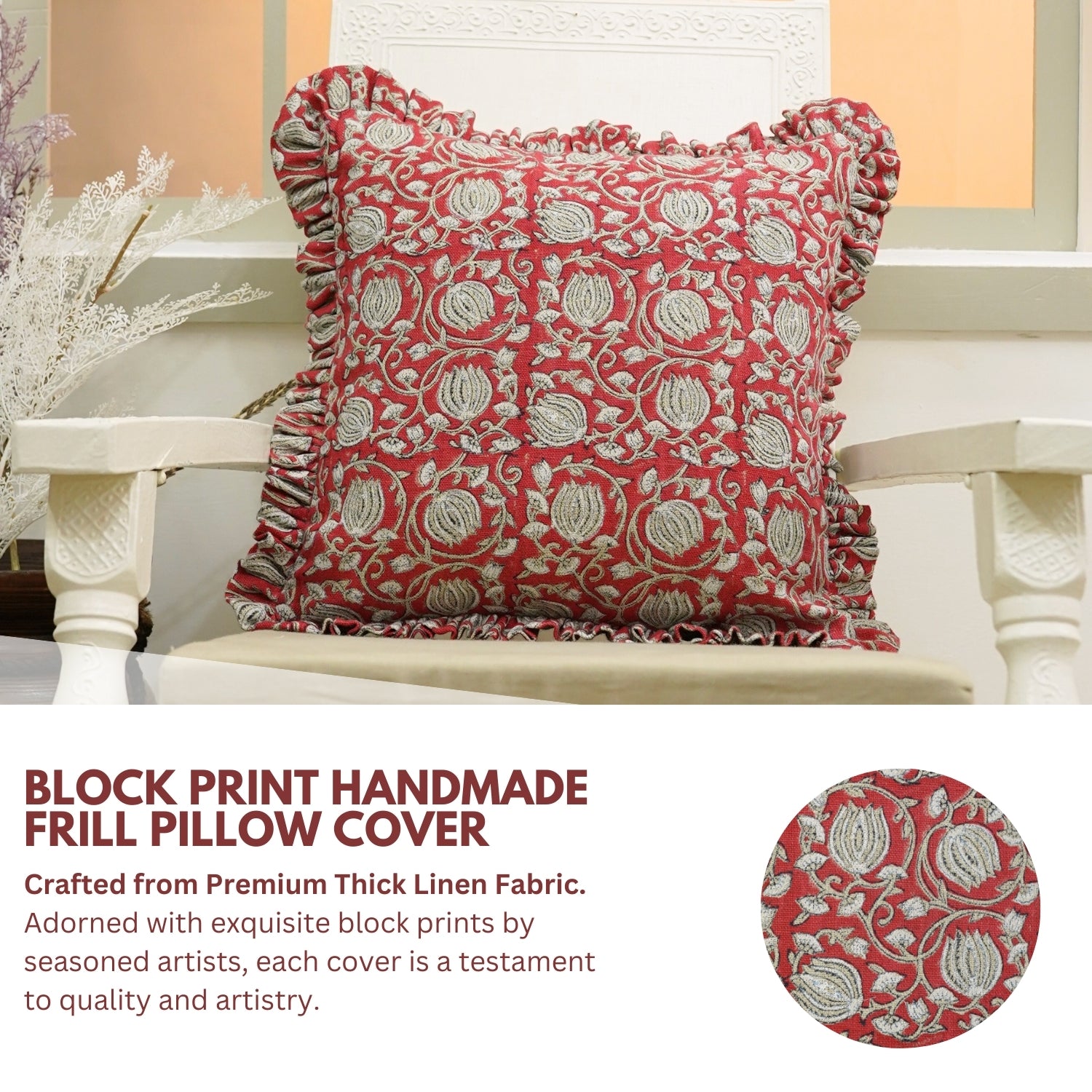 Block Print Thick Linen Frill Pillow Cover- 6 Kamal