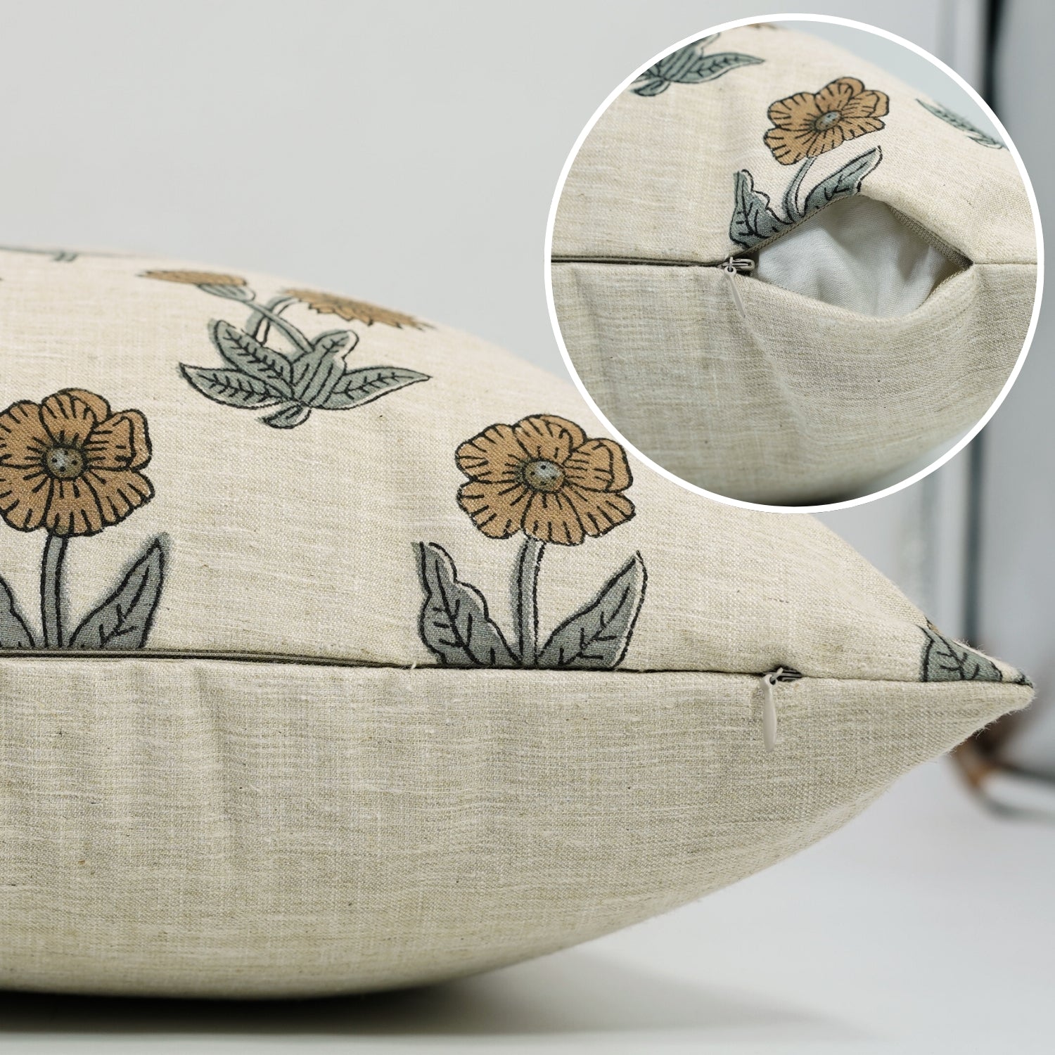 Boho Handblock Printed Cushion/Pillow Cover – Brown &amp; Gray Linen Blend