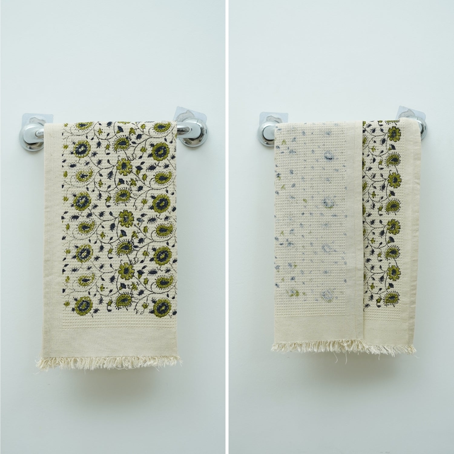 Handcrafted Block Printed Cotton Waffle Hand Towels - Perfect For Kitchen & Bathroom (Rakhi Green) By Fabdivine