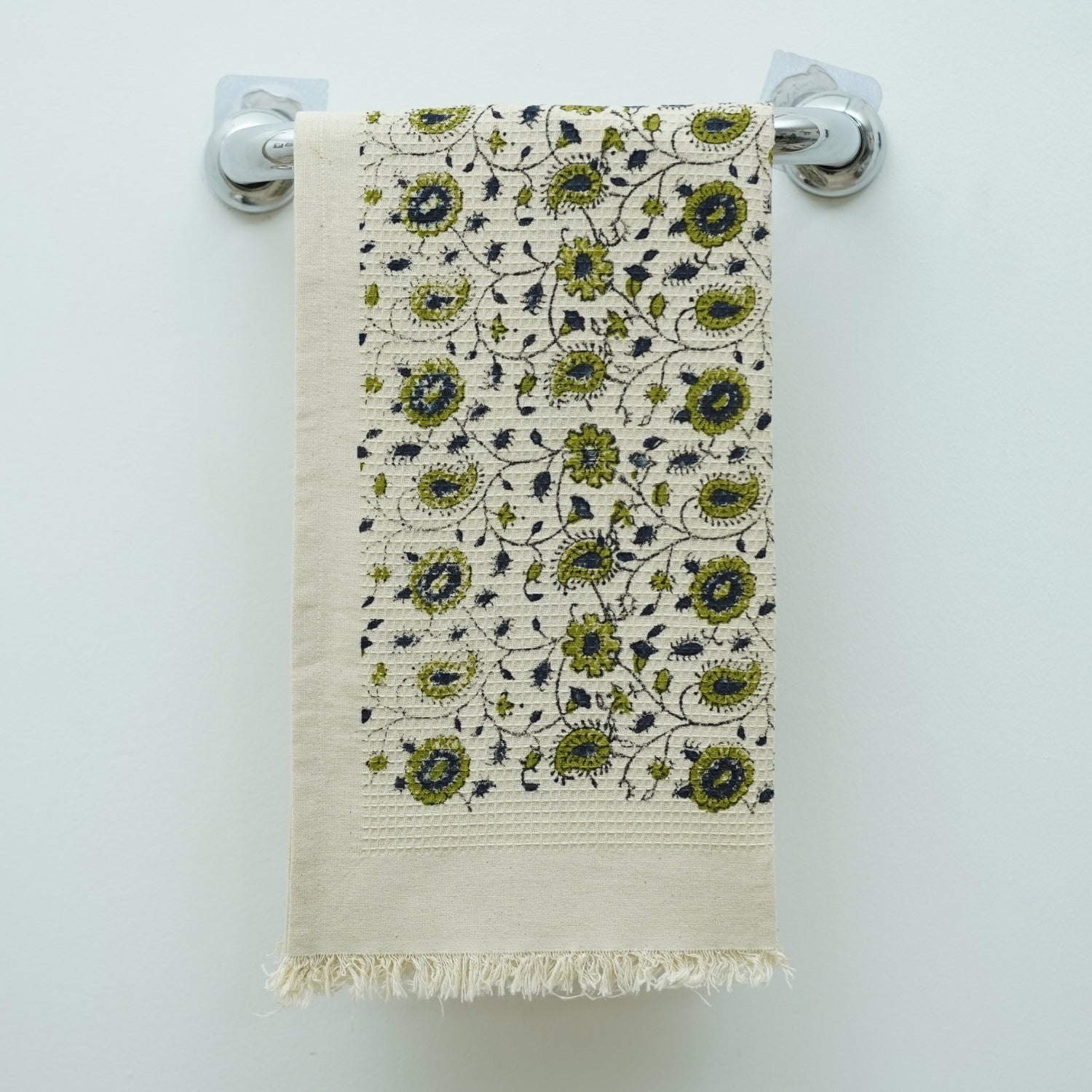 Handcrafted Block Printed Cotton Waffle Hand Towels - Perfect For Kitchen & Bathroom (Rakhi Green) By Fabdivine