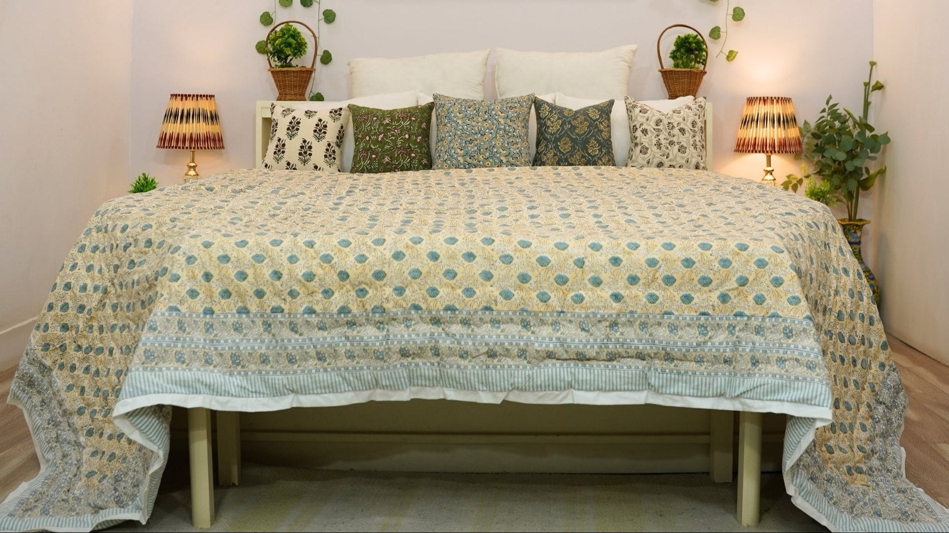 Elegant Floral Block Printed Quilt in Blue and Beige