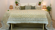 Elegant Floral Block Printed Quilt in Blue and Beige