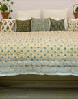 Elegant Floral Block Printed Quilt in Blue and Beige