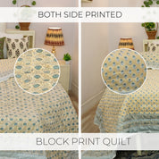 Elegant Floral Block Printed Quilt in Blue and Beige