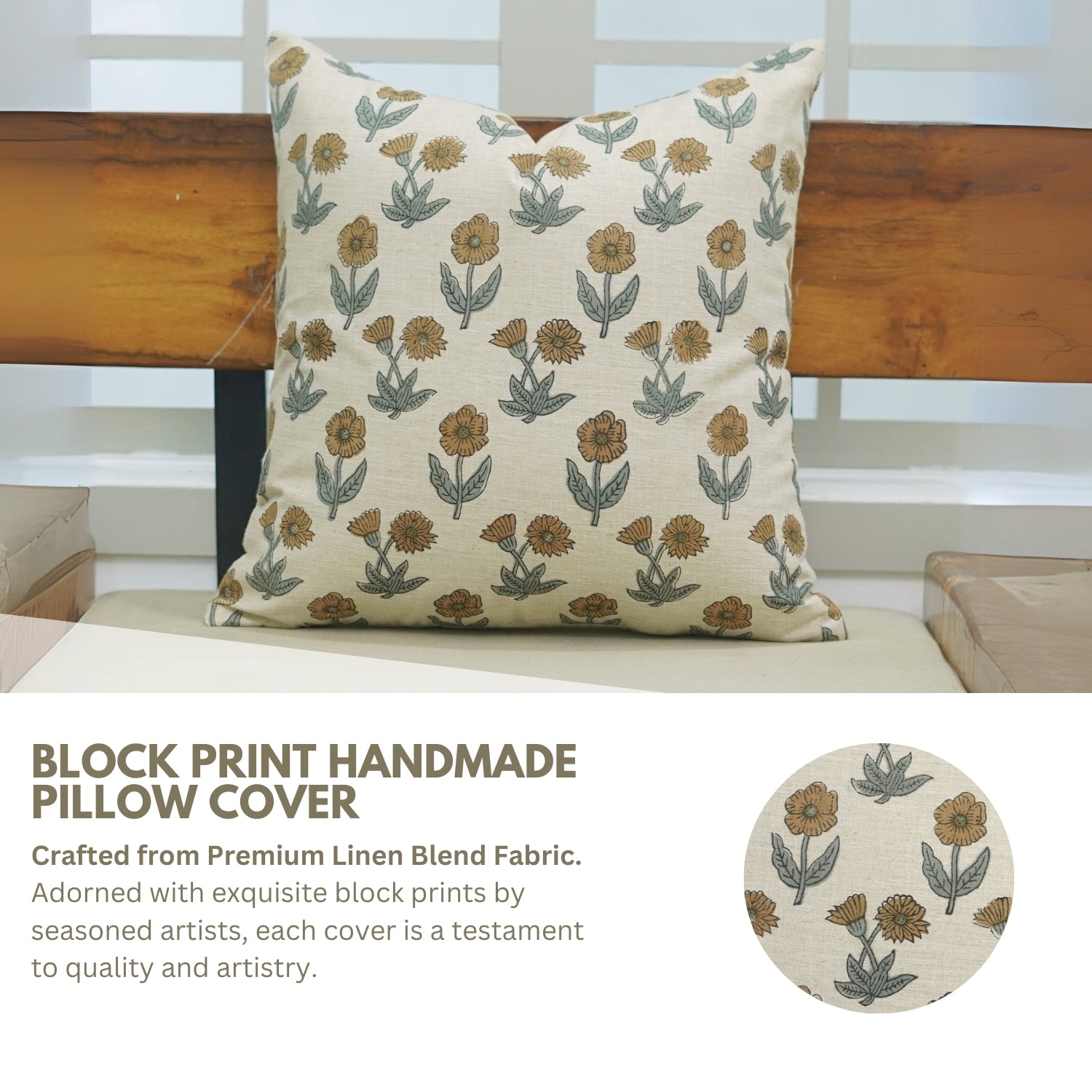 Boho Handblock Printed Cushion/Pillow Cover – Brown & Gray Linen Blend