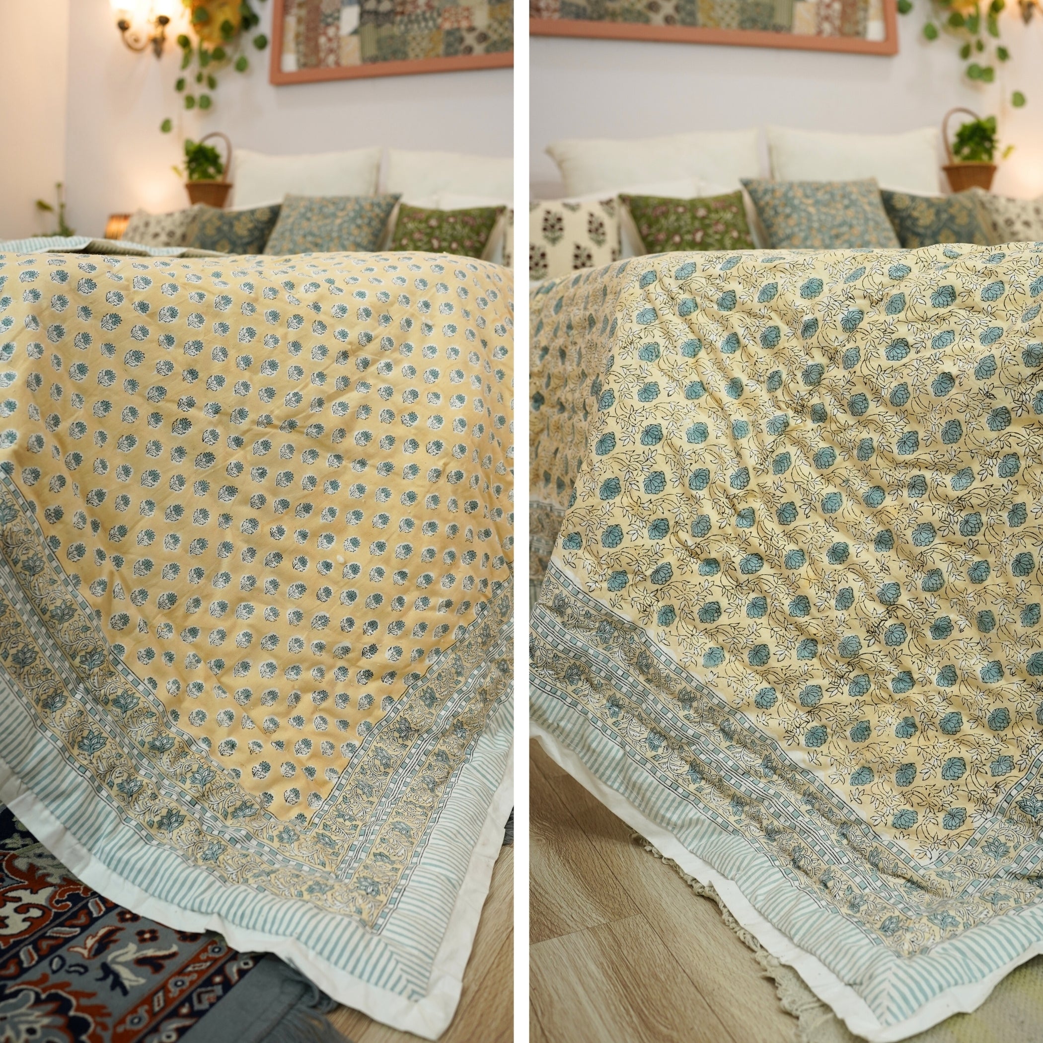 Elegant Floral Block Printed Quilt in Blue and Beige