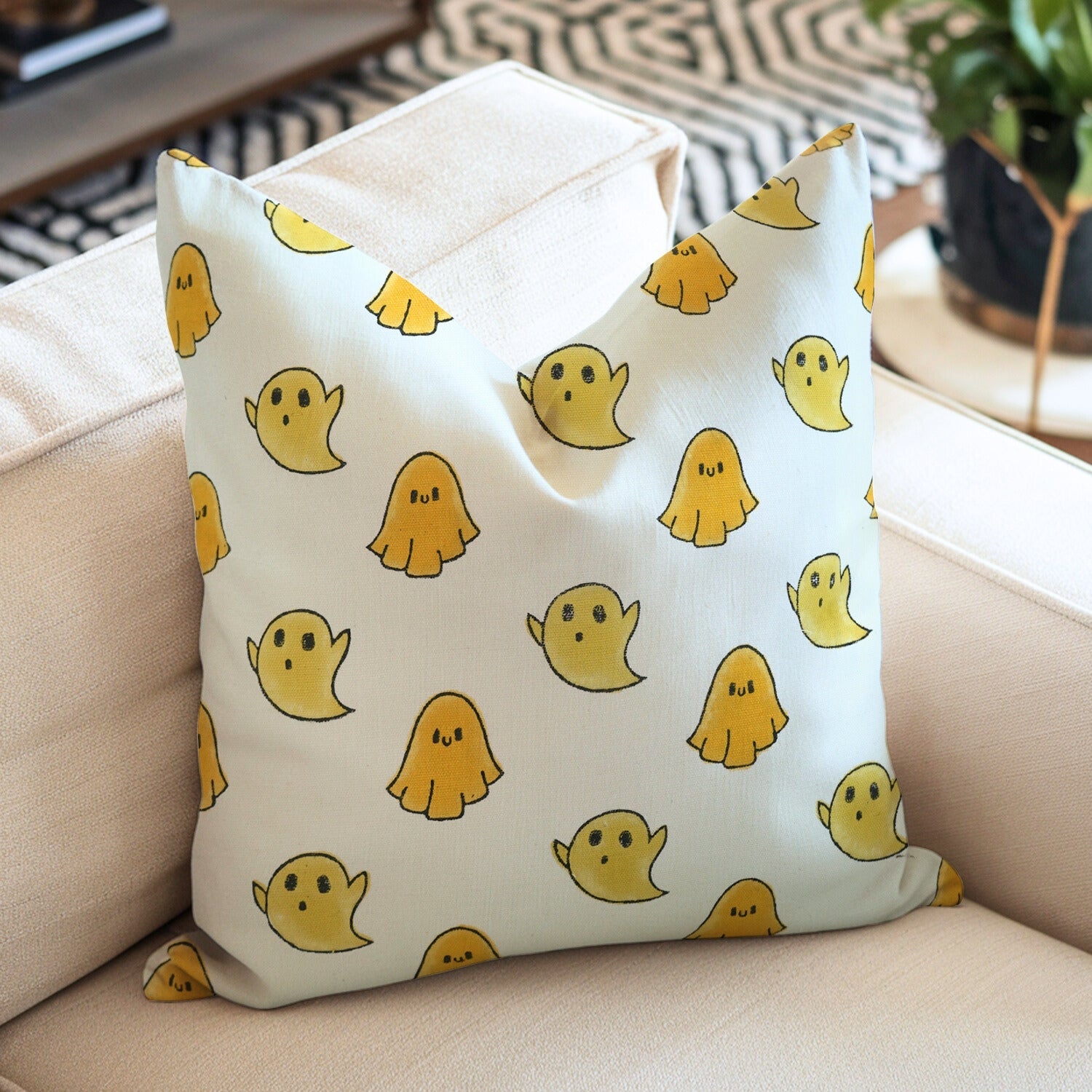 Handmade Thick Cotton Floral White Cushion Cover – Ghost Yellow Hand Block Printed By Fabdivine.