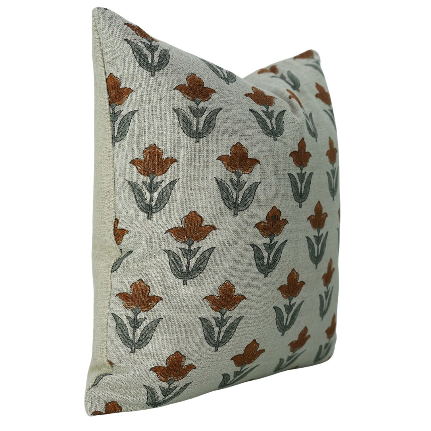 Block Printed Farmhouse and Living Room Thick Linen Pillow Cover - Tulip