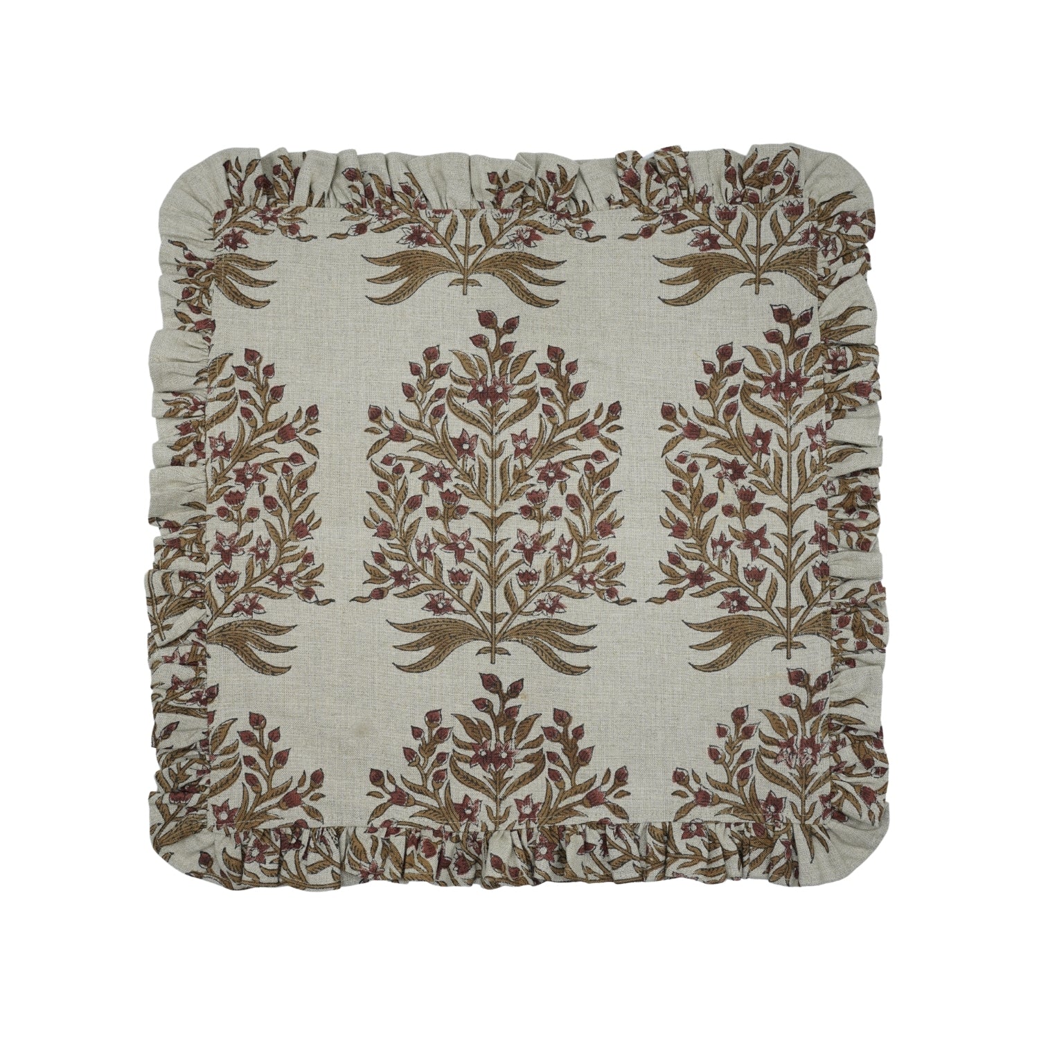 Pure Linen Handblock Printed Frill Pleated Edge Napkins Virandavan Rust Floral Print