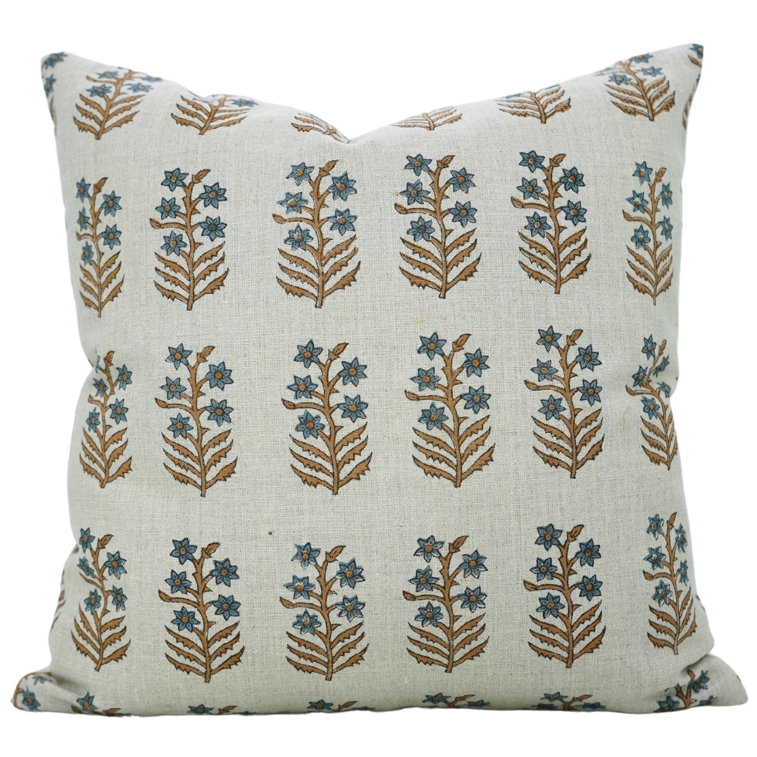 Floral Handblock Printed Blue Linen Throw Pillow Cover - Elegant & Timeless - INDERDANUSH By Fabdivine