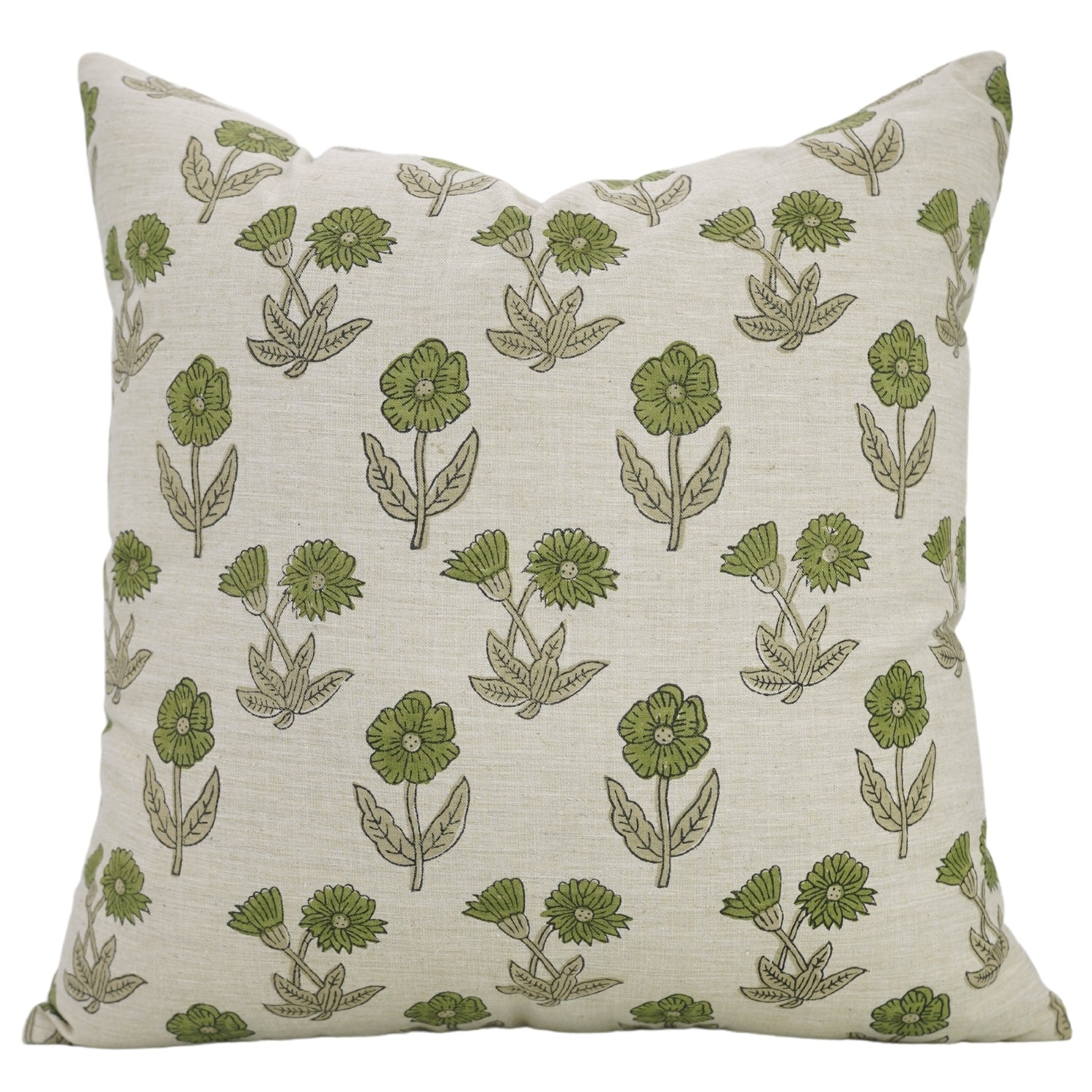 Gray and Green Hand Block Printed Square Pillow Case - Premium Linen Fabric