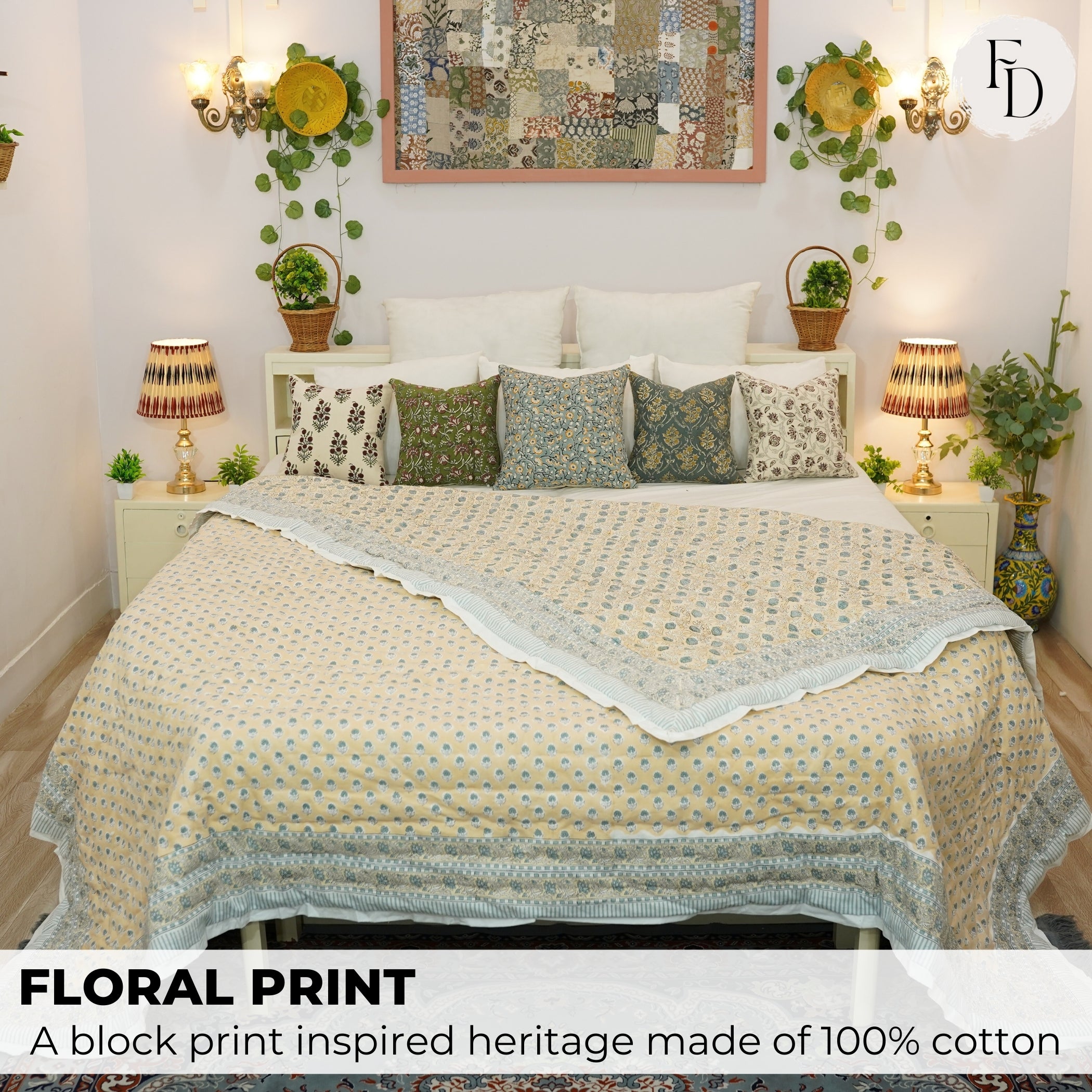 Elegant Floral Block Printed Quilt in Blue and Beige