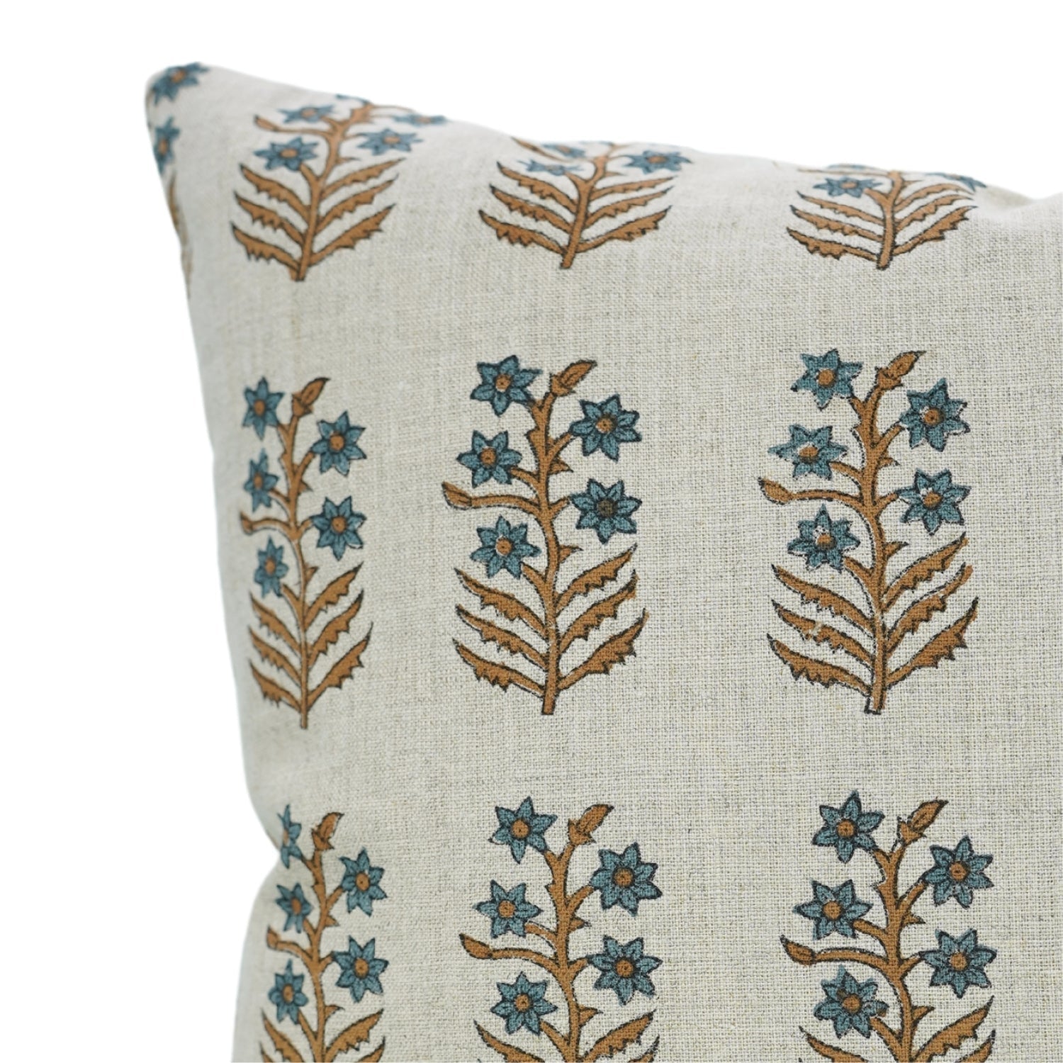 Floral Handblock Printed Blue Linen Throw Pillow Cover - Elegant & Timeless - INDERDANUSH By Fabdivine