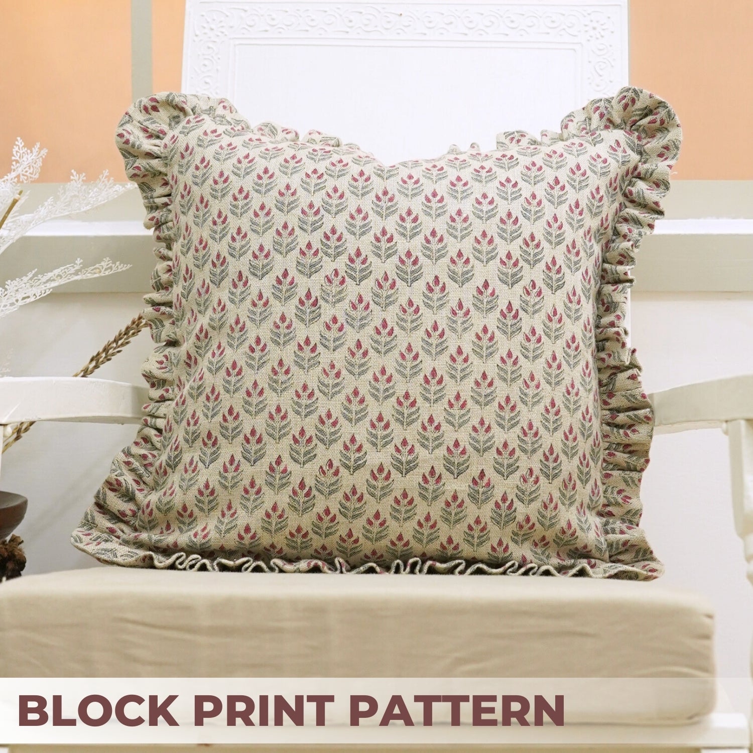 Block Print Thick Linen Frill Pillow Cover-Alia