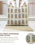 Floral Handblock Printed Blue Linen Throw Pillow Cover - Elegant & Timeless - INDERDANUSH By Fabdivine