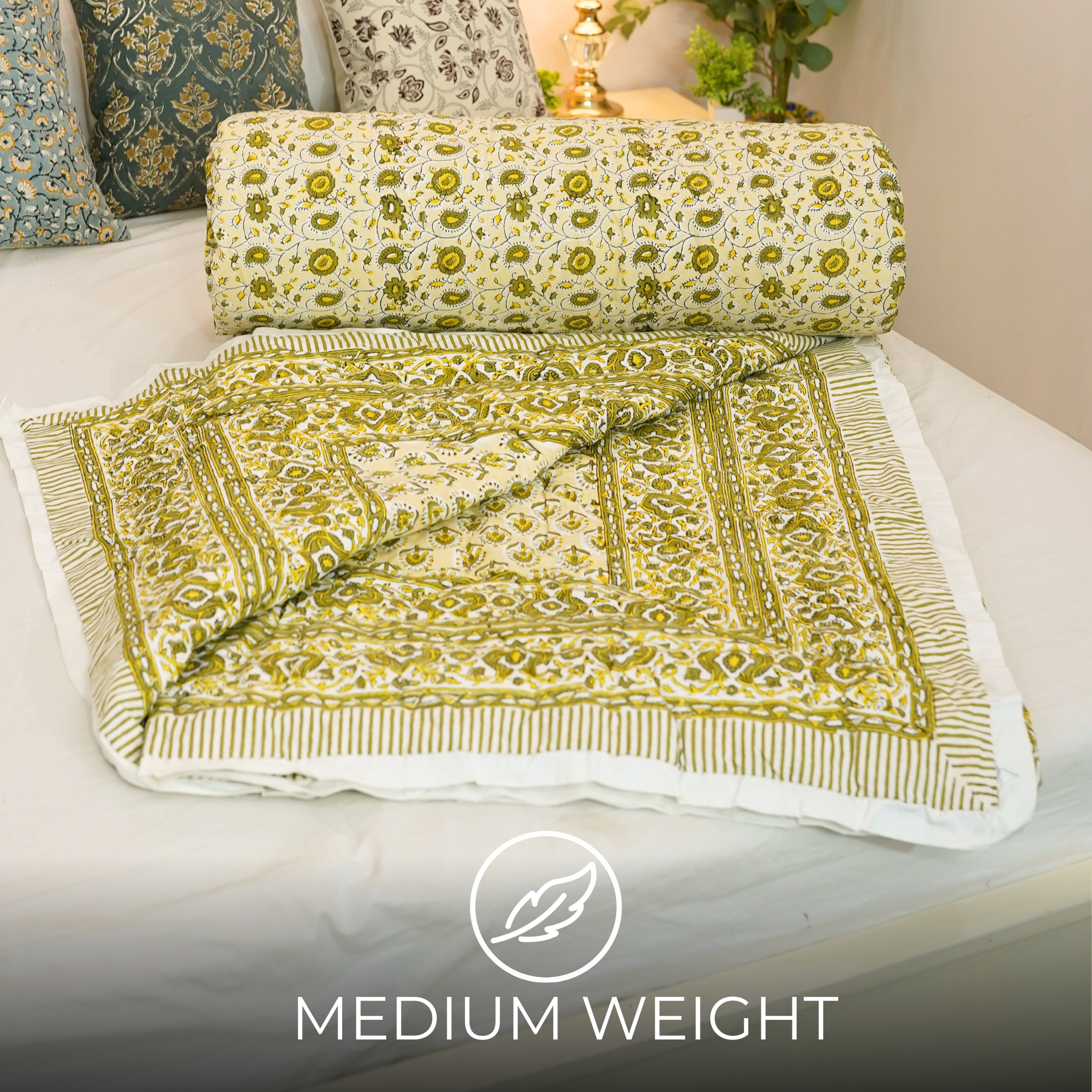 Tranquil Blooms Block Printed Cotton Quilt