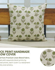 Gray and Green Hand Block Printed Square Pillow Case - Premium Linen Fabric